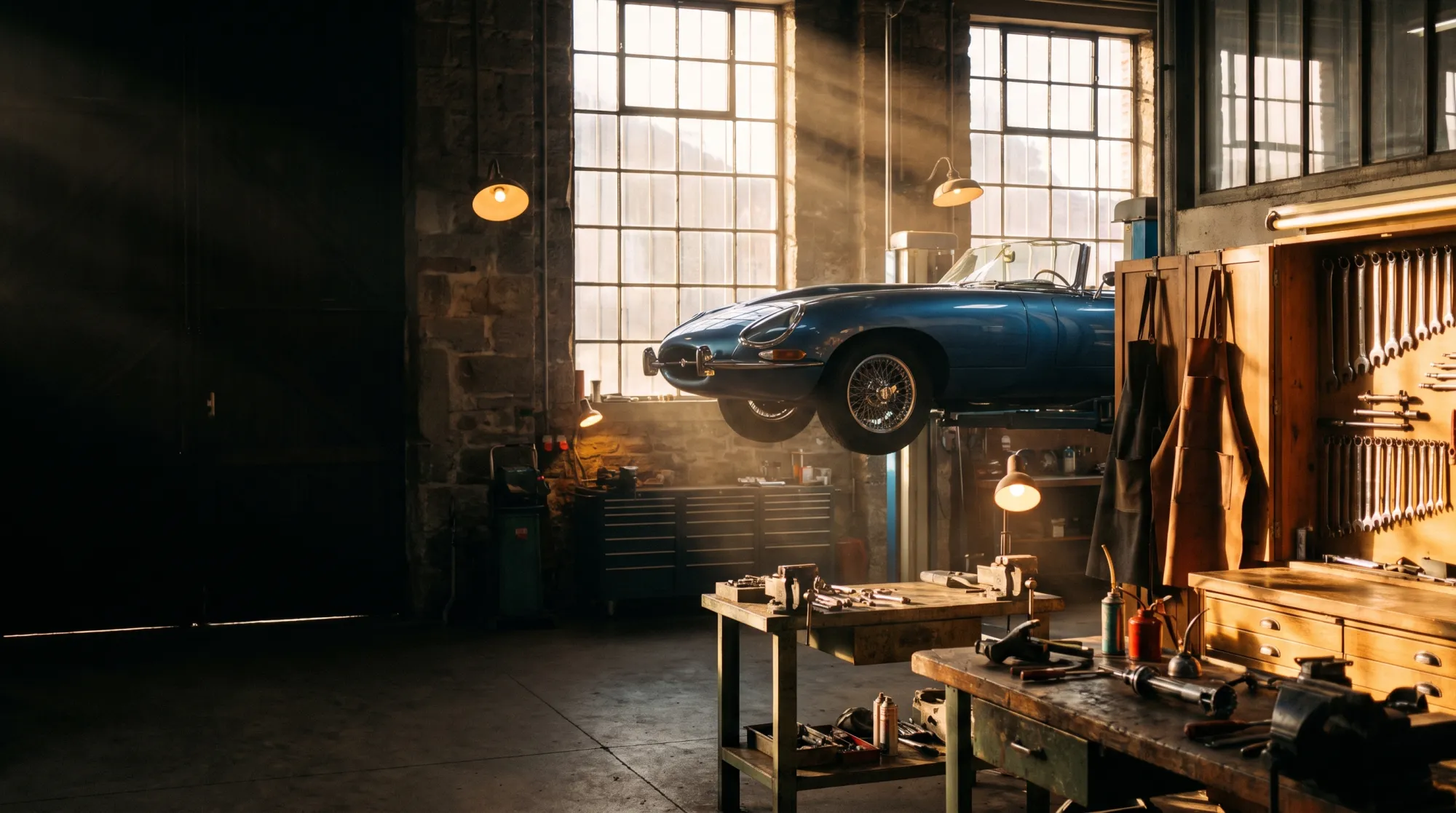 Klassieke auto op een hefbrug in een premium oldtimerwerkplaats met warm licht en gereedschap.