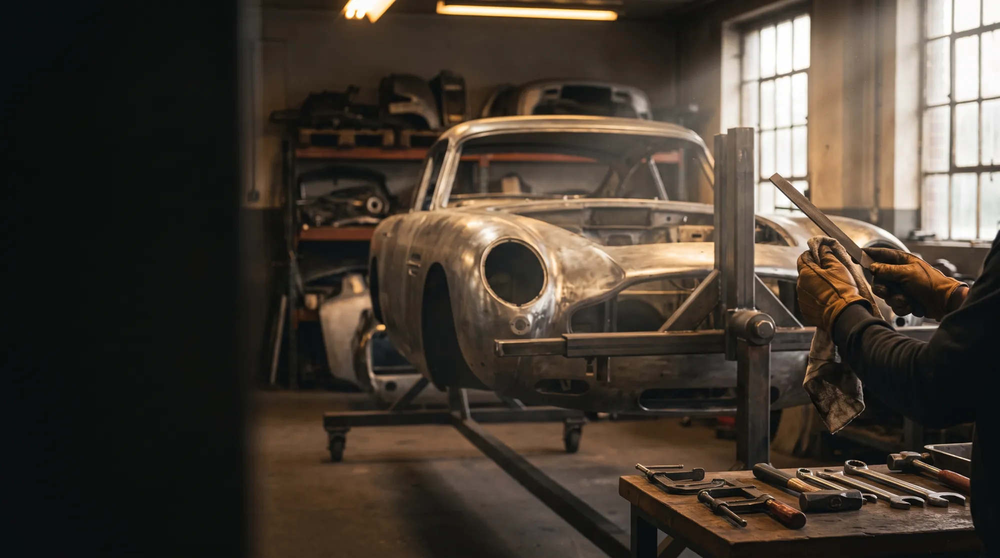 Klassieke auto als kaal chassis op een draaiframe in de werkplaats tijdens een oldtimer restauratie.