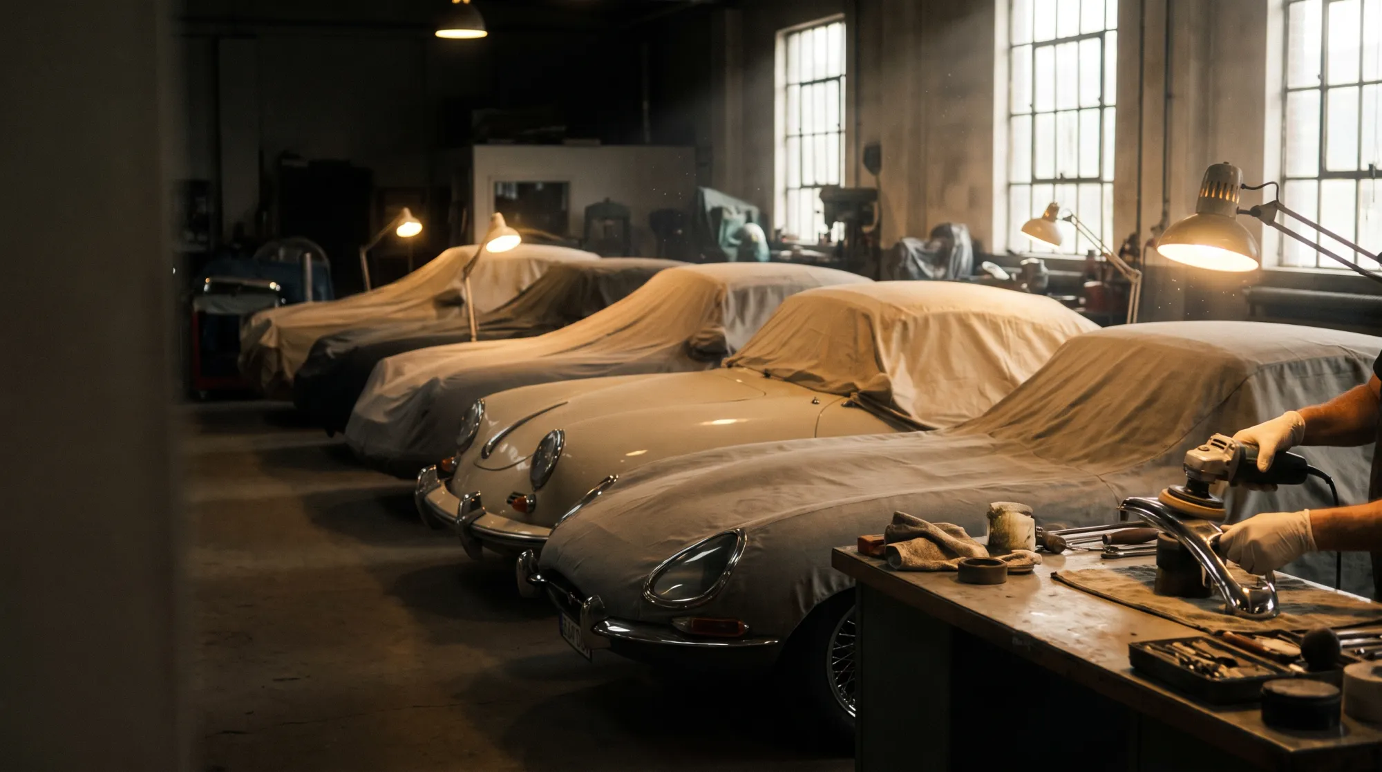 Klassieke auto's onder hoezen in een schone, droge oldtimerstalling.