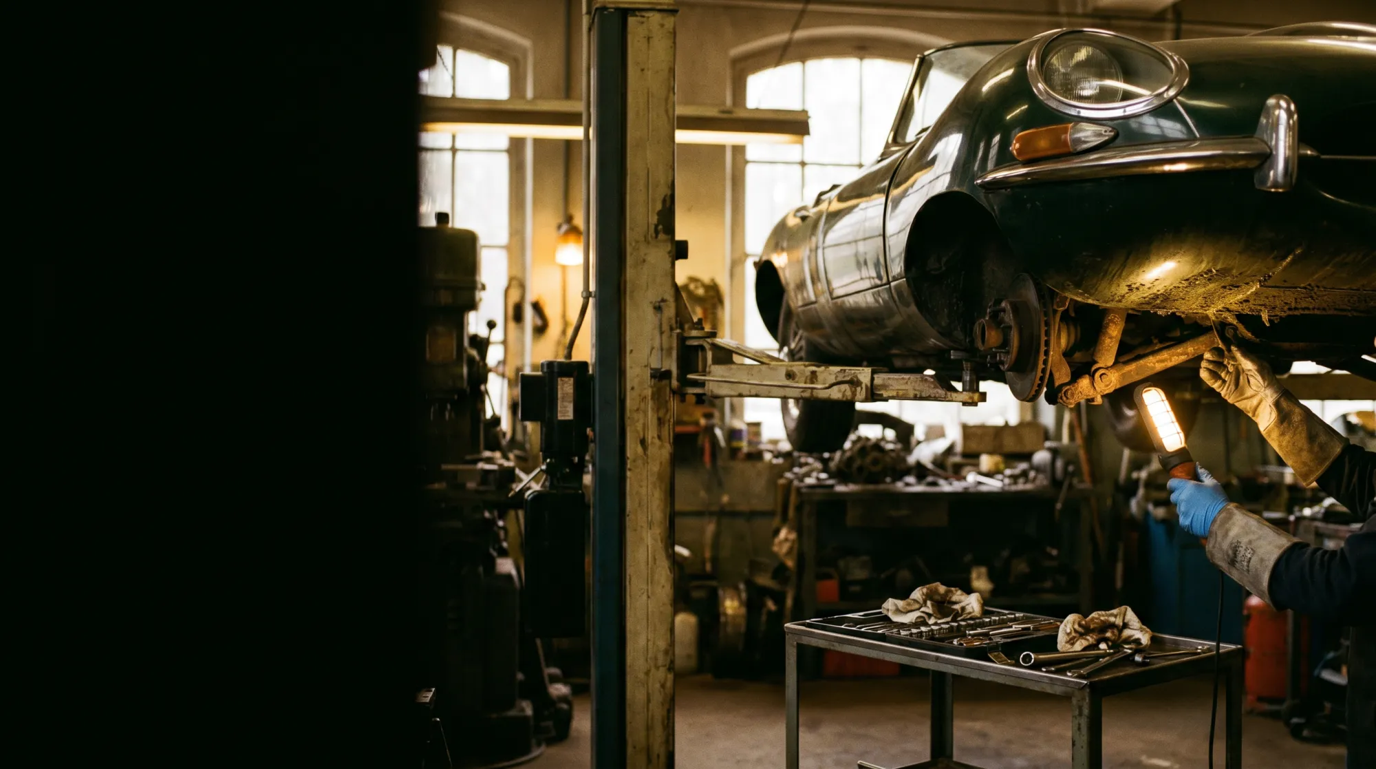 Monteur die het onderstel van een klassieke auto controleert in een verzorgde werkplaats.