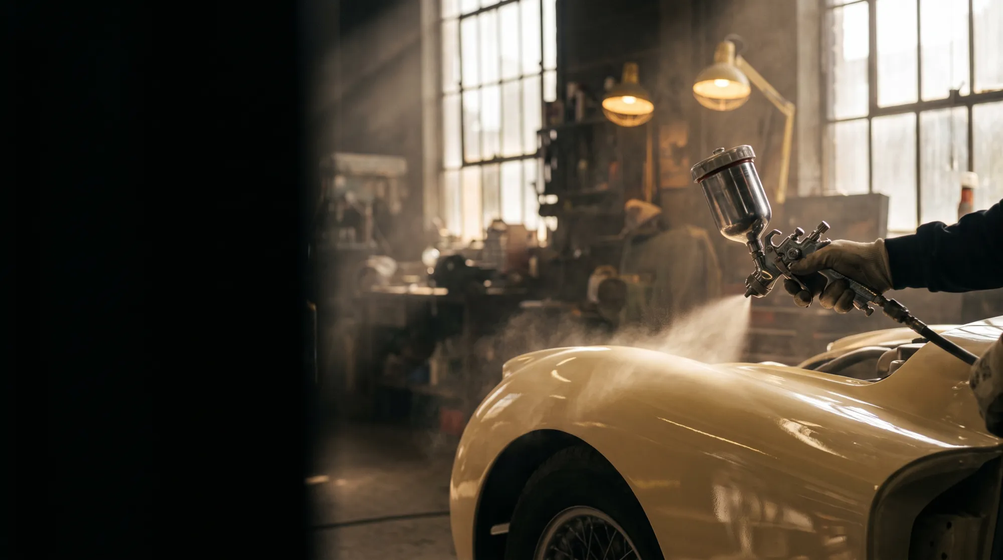 Vakman spuit een klassiek autopaneel in de spuitcabine met een spuitpistool.
