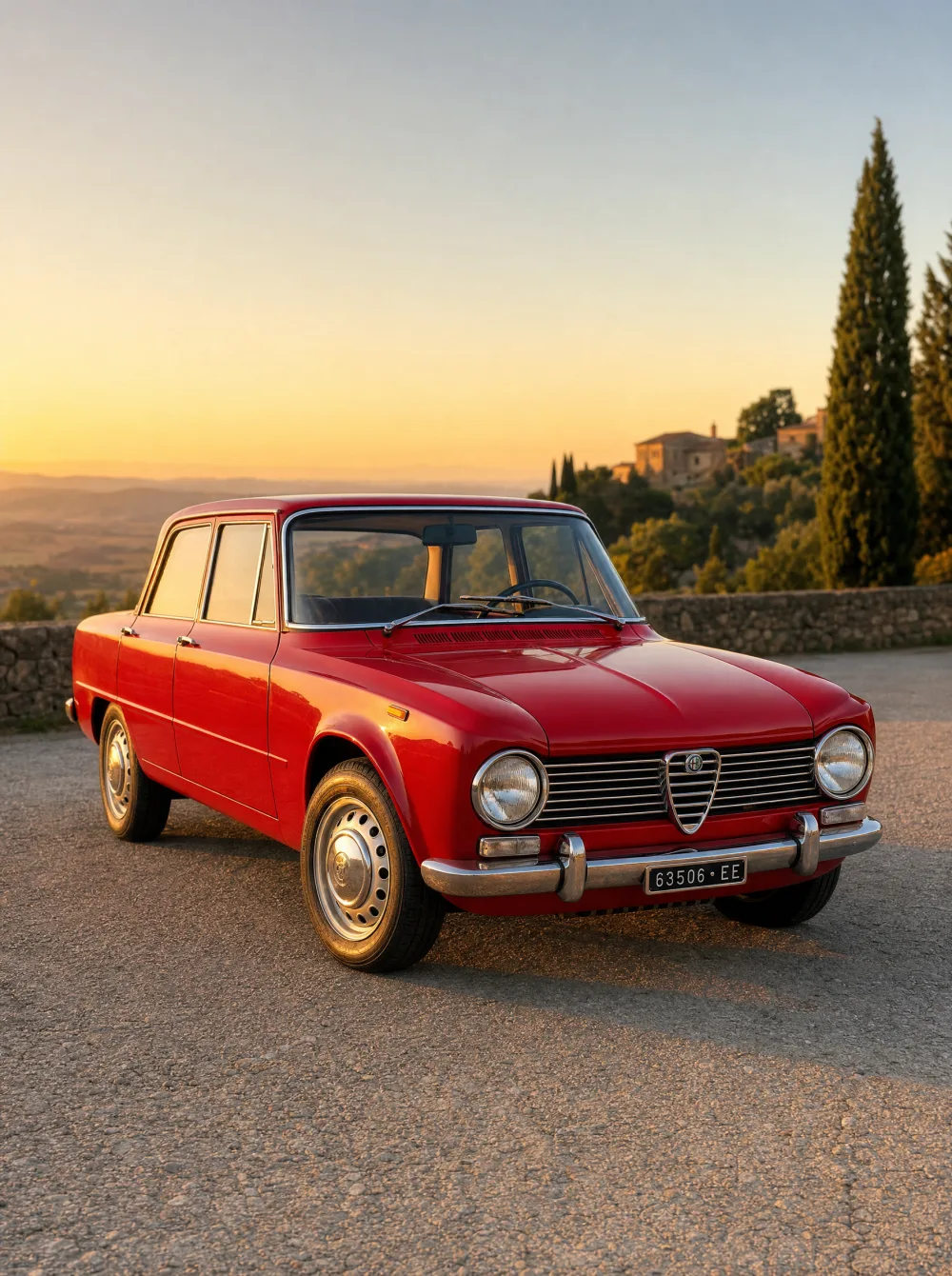 Klassieke Alfa Romeo Giulia berlina (105-serie) uit 1965 in Alfa-rood, driekwart vooraanzicht in gouden ochtendlicht.