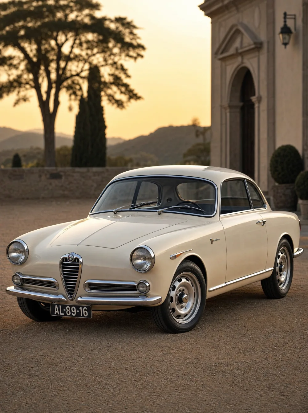 Klassieke Alfa Romeo Giulietta Sprint coupé uit 1958 in crèmewit, driekwart vooraanzicht in gouden ochtendlicht.