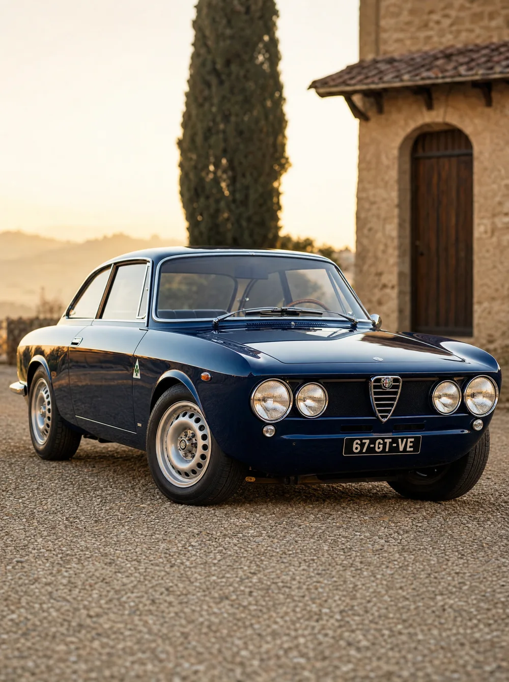 Klassieke Alfa Romeo Giulia Sprint GT Veloce (Bertone coupé) uit 1967 in donkerblauw, driekwart vooraanzicht in gouden ochtendlicht.