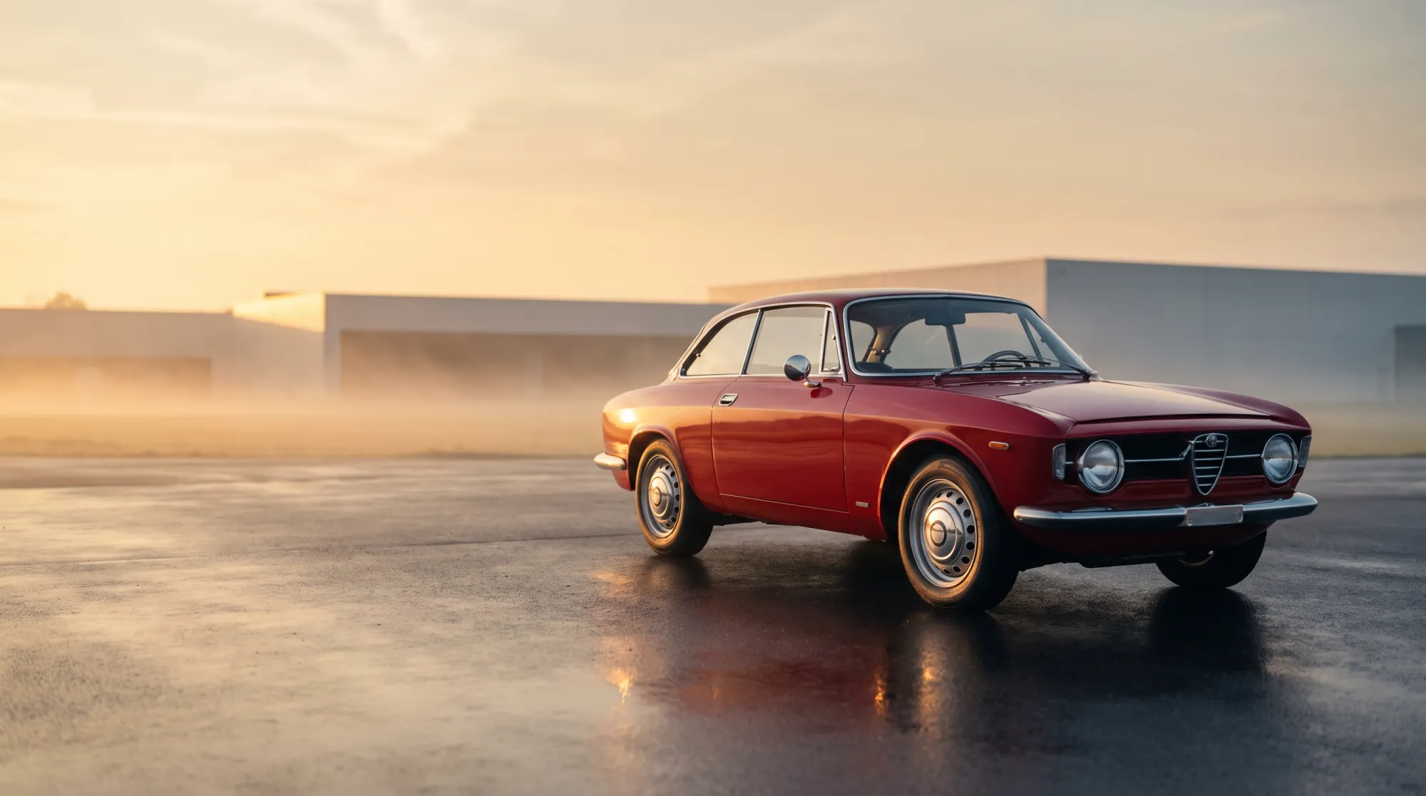 Klassieke Alfa Romeo Giulia Sprint GT Veloce uit 1967 in Alfa-rood, driekwart vooraanzicht in gouden ochtendlicht.