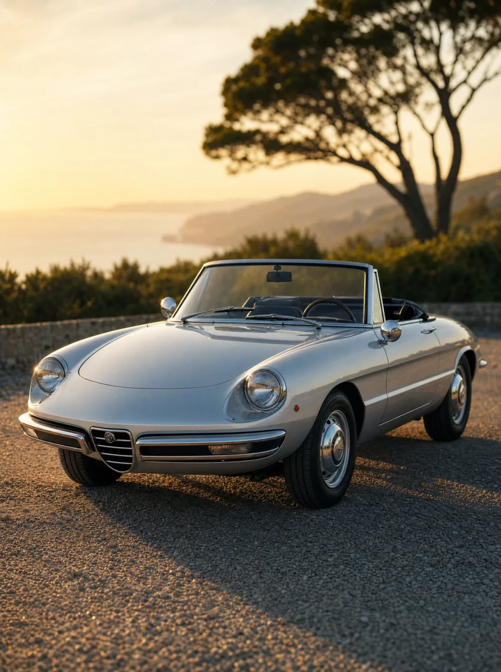 Klassieke Alfa Romeo Spider Duetto roadster uit 1966 in zilver, driekwart vooraanzicht in gouden ochtendlicht.