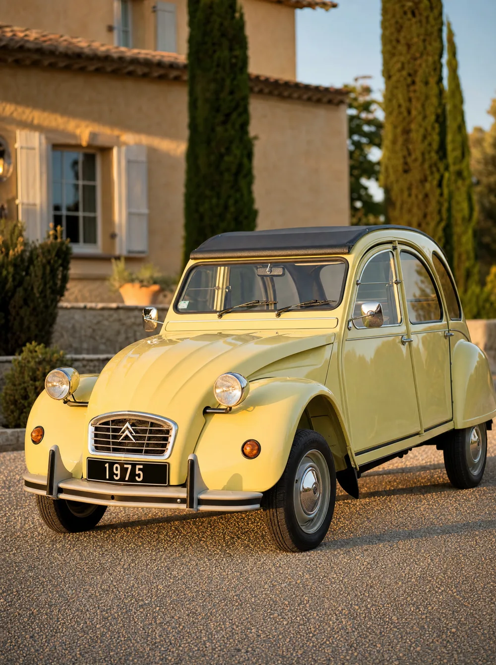 Klassieke Citroën 2CV (Eend) uit 1975 in lichtgeel, driekwart vooraanzicht in gouden ochtendlicht.