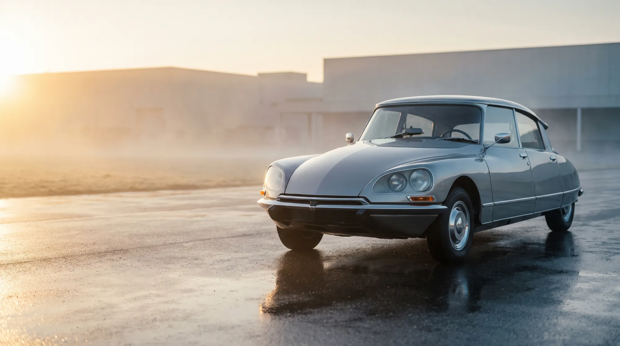 Klassieke Citroën DS uit 1968 in zilvergrijs, driekwart vooraanzicht in gouden ochtendlicht.