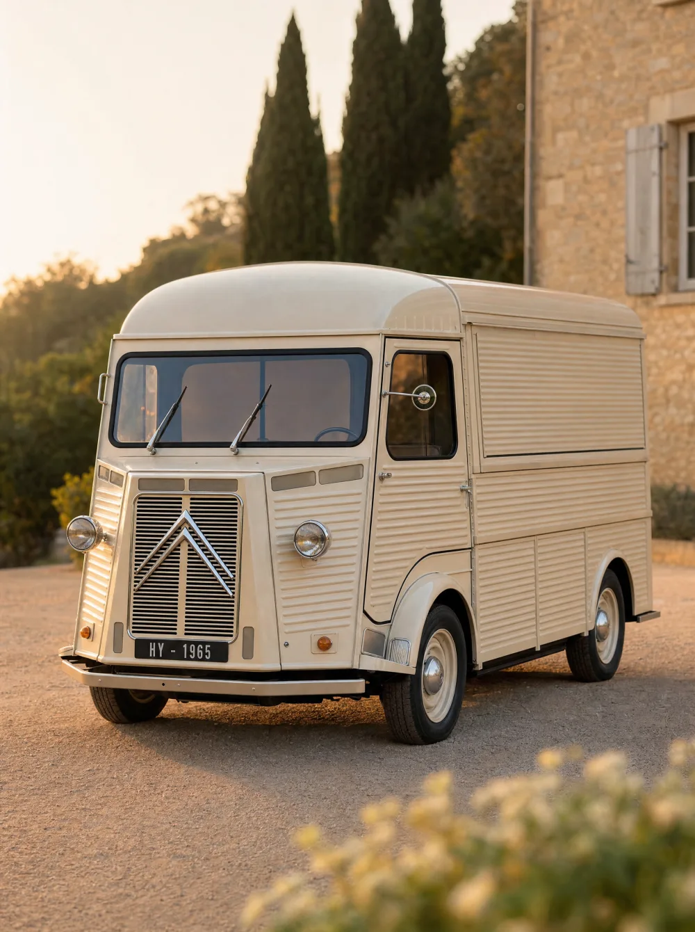 Klassieke Citroën HY-bus uit 1965 in warm crème, driekwart vooraanzicht in gouden ochtendlicht.