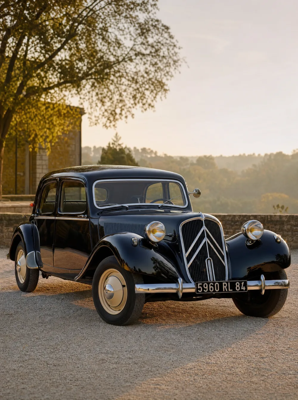 Klassieke Citroën Traction Avant 11CV uit 1952 in zwart, driekwart vooraanzicht in gouden ochtendlicht.