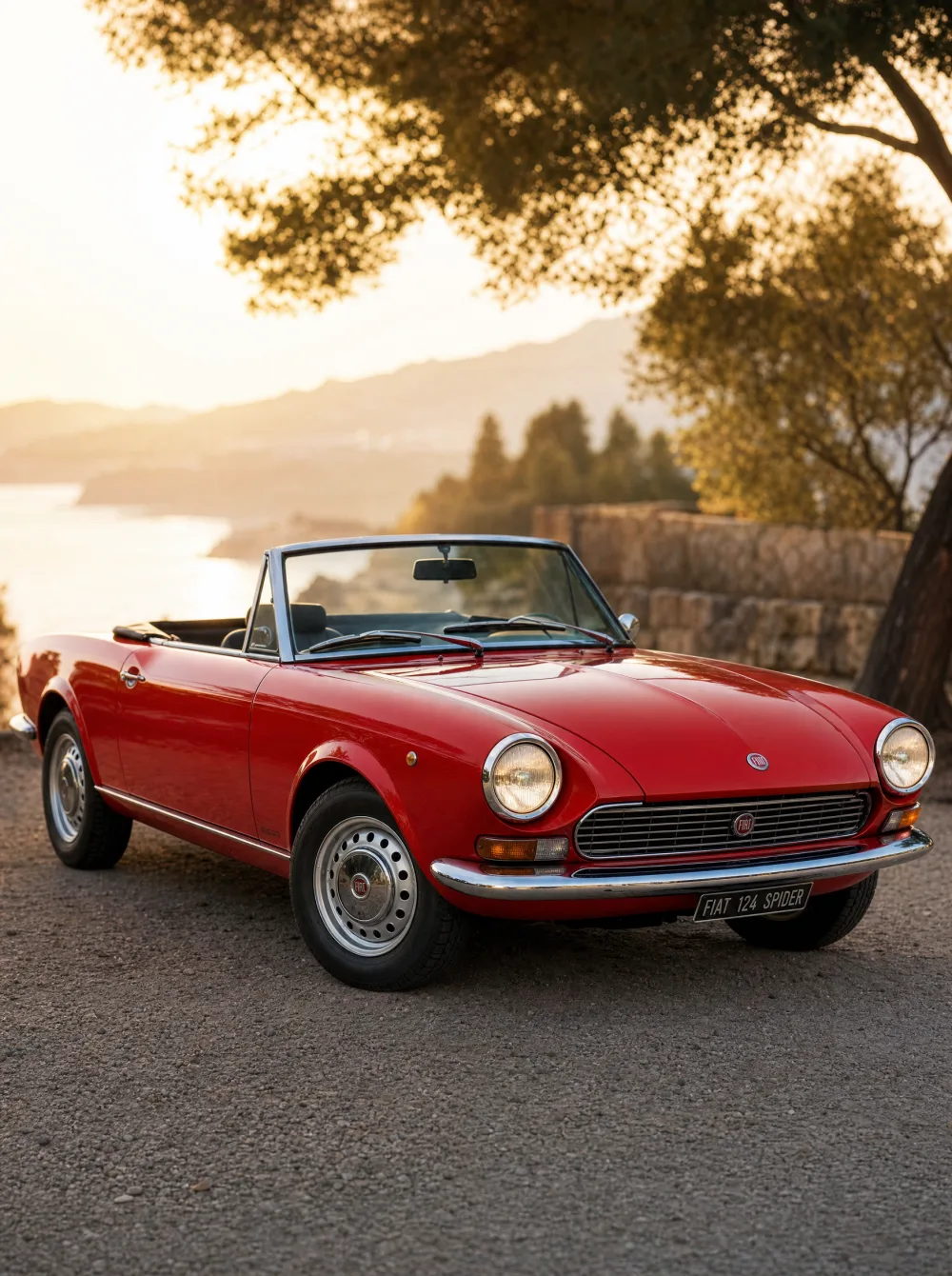 Klassieke Fiat 124 Sport Spider cabriolet uit 1968 in Fiat-rood, driekwart vooraanzicht in gouden ochtendlicht.