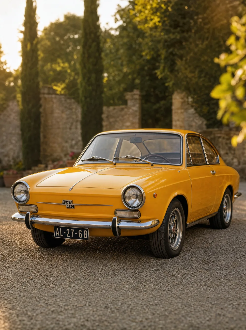 Klassieke Fiat 850 Sport Coupé uit 1968 in zonnegeel, driekwart vooraanzicht in gouden ochtendlicht.
