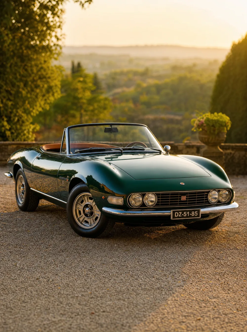 Klassieke Fiat Dino Spider (Pininfarina) uit 1967 in donkergroen, driekwart vooraanzicht in gouden ochtendlicht.