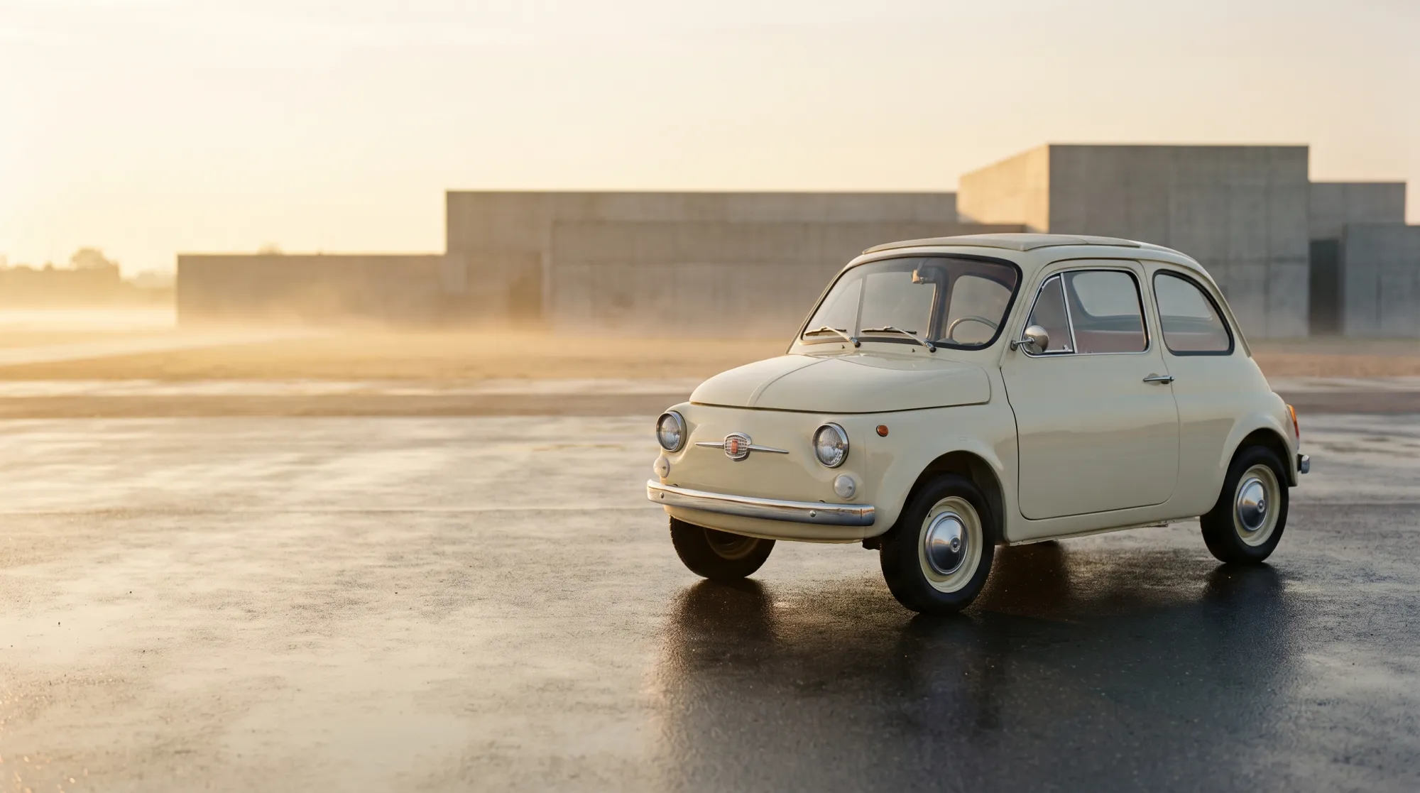 Klassieke Fiat 500 uit 1965 in crèmewit, driekwart vooraanzicht in gouden ochtendlicht.