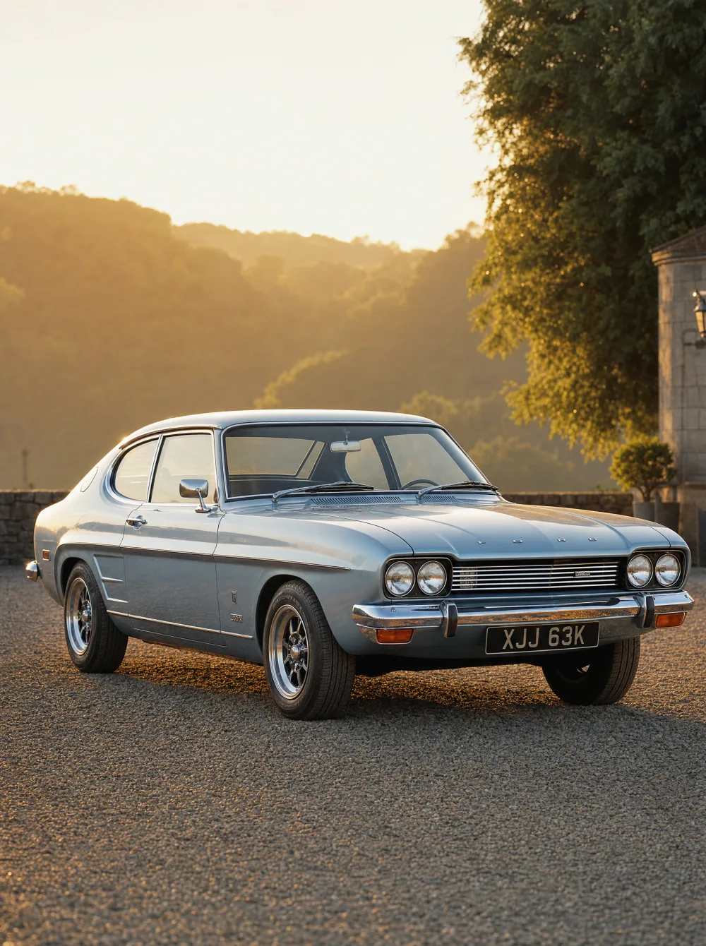 Klassieke Ford Capri MK1 coupé uit 1972 in zilverblauw metallic, driekwart vooraanzicht in gouden ochtendlicht.
