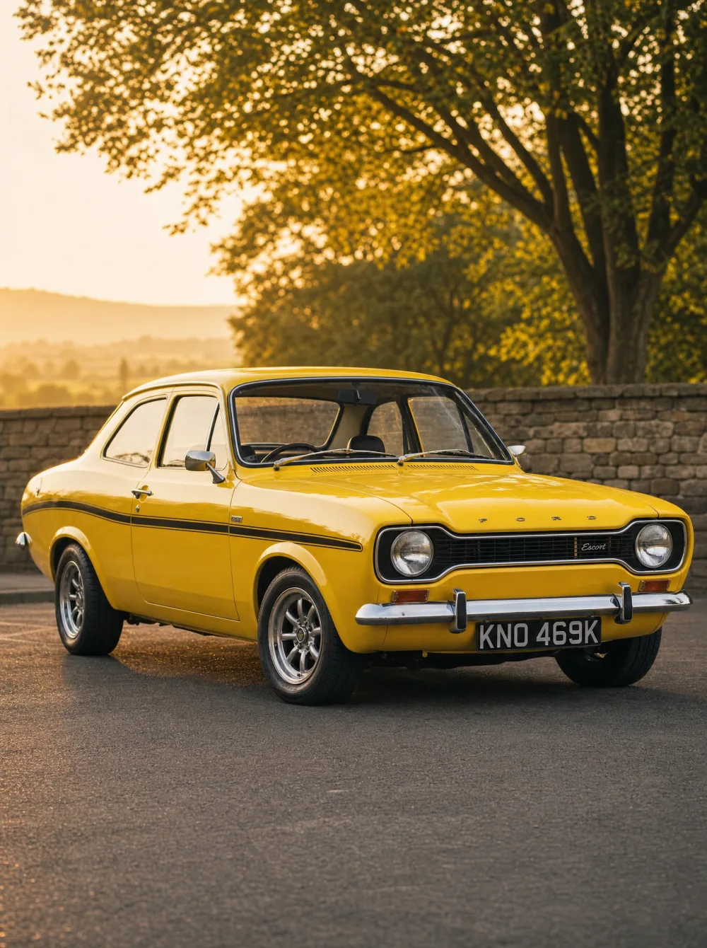 Klassieke Ford Escort MK1 uit 1972 in Daytona-geel, driekwart vooraanzicht in gouden ochtendlicht.