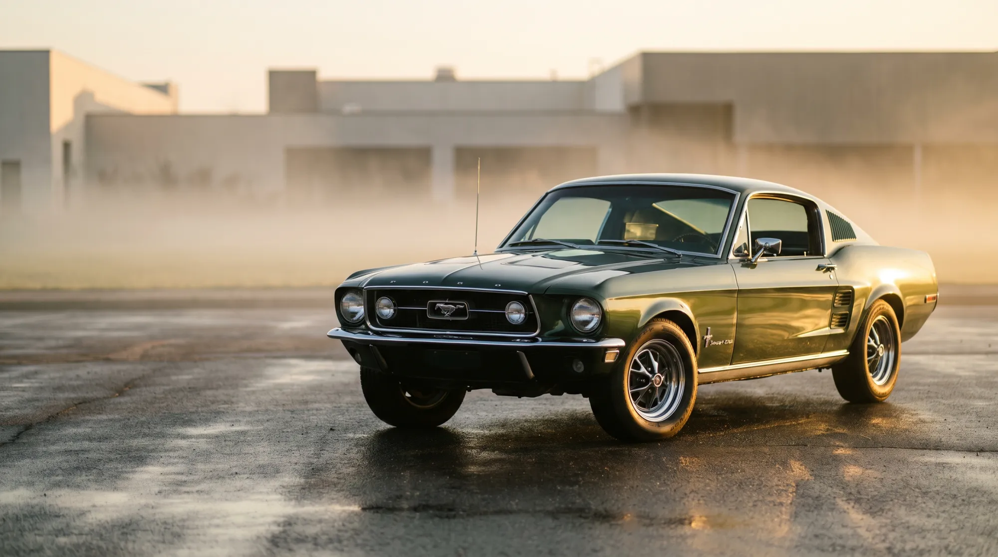 Klassieke Ford Mustang fastback uit 1967 in donkergroen, driekwart vooraanzicht in gouden ochtendlicht.