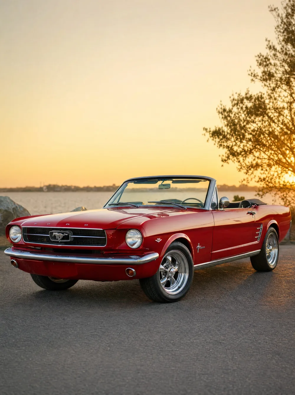 Klassieke Ford Mustang cabriolet uit 1966 in Candy Apple-rood, driekwart vooraanzicht in gouden ochtendlicht.
