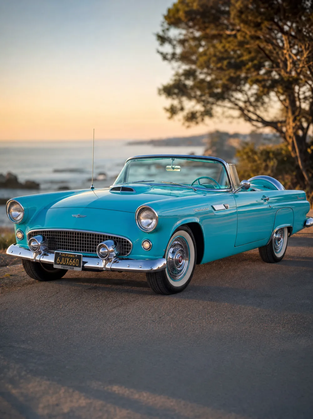 Klassieke Ford Thunderbird cabriolet uit 1956 in turkoois, driekwart vooraanzicht in gouden ochtendlicht.