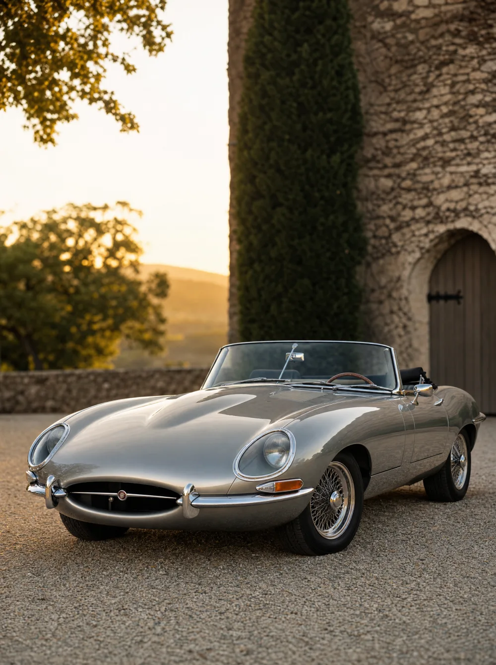 Klassieke Jaguar E-type Serie 1 roadster uit 1965 in opaalzilvergrijs, driekwart vooraanzicht in gouden ochtendlicht.