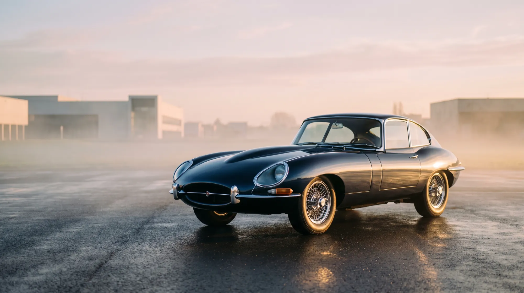 Klassieke Jaguar E-type Serie 1 coupé uit 1965 in donkerblauw, driekwart vooraanzicht in gouden ochtendlicht.