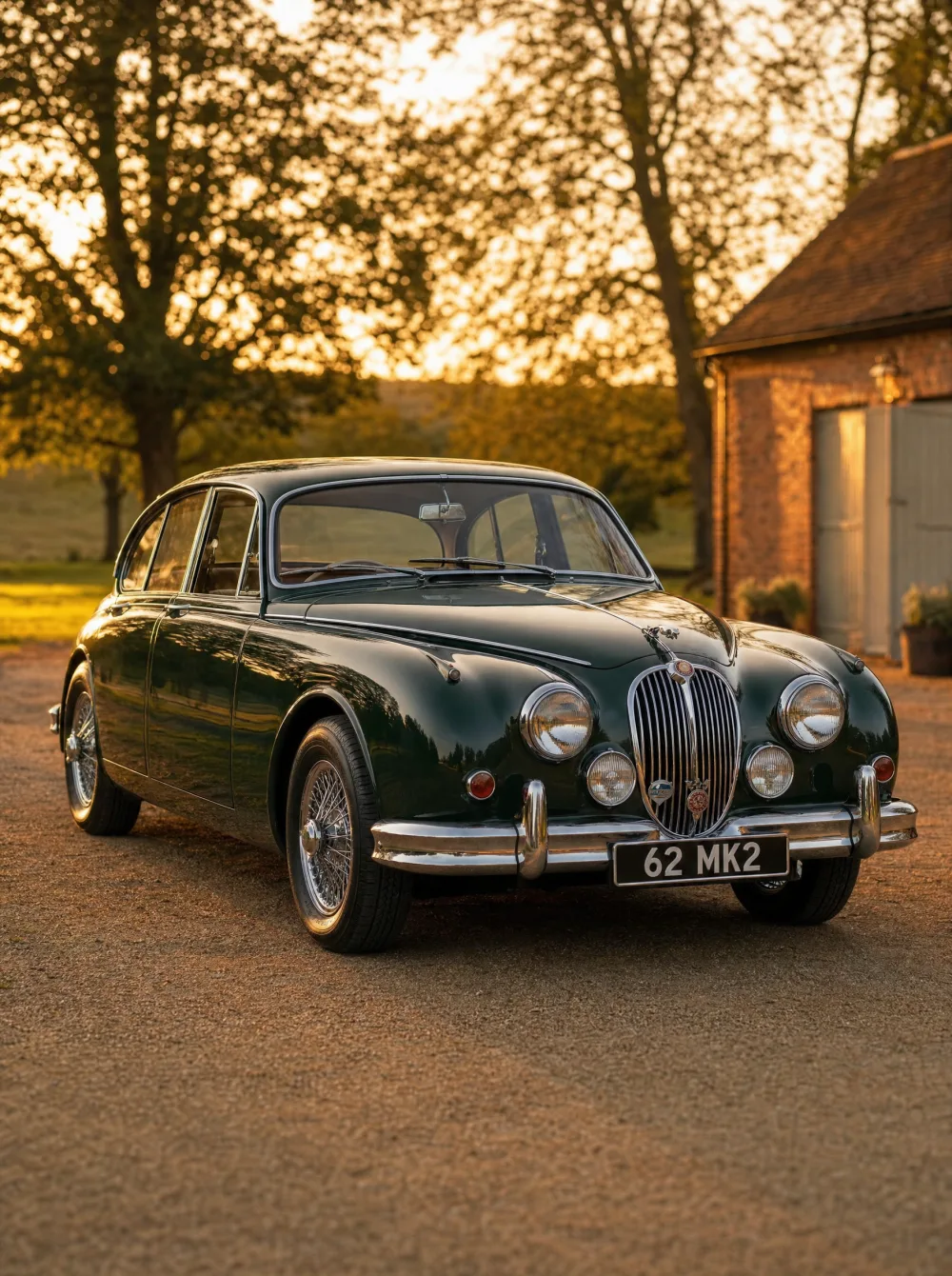 Klassieke Jaguar MK2 3.8 sportsaloon uit 1962 in British Racing Green, driekwart vooraanzicht in gouden ochtendlicht.