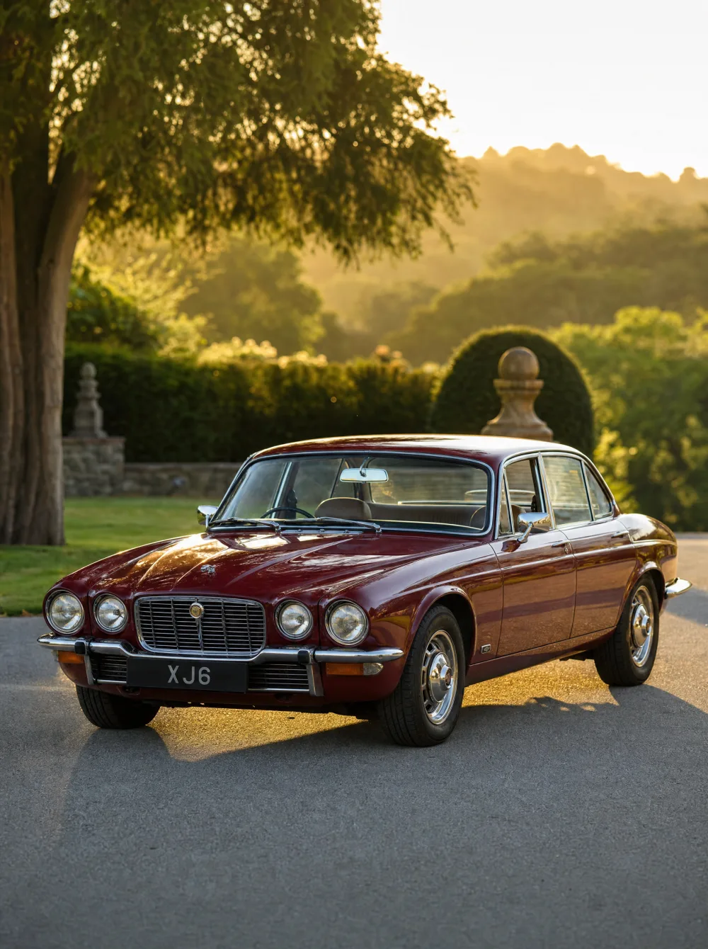 Klassieke Jaguar XJ6 Serie 1 saloon uit 1972 in Regency Red bordeauxrood, driekwart vooraanzicht in gouden ochtendlicht.