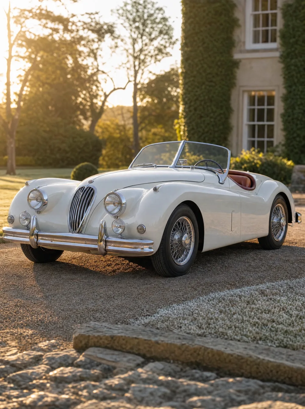 Klassieke Jaguar XK140 roadster uit 1955 in Old English White, driekwart vooraanzicht in gouden ochtendlicht.