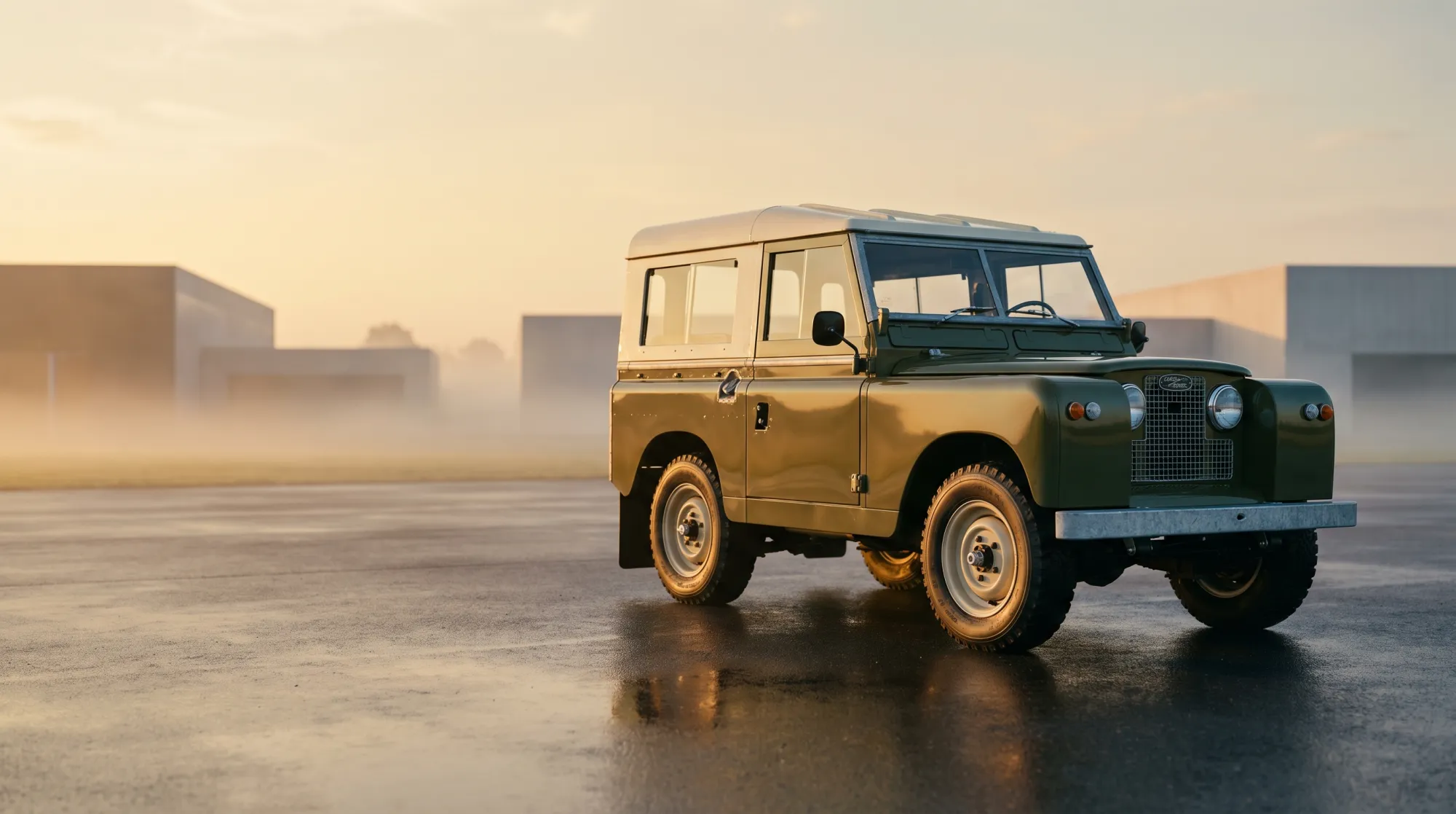 Klassieke Land Rover Series IIA uit 1968 in bronsgroen, driekwart vooraanzicht in gouden ochtendlicht.