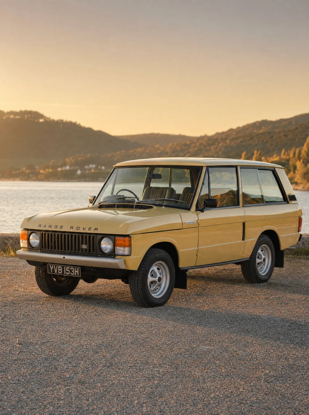 Klassieke Land Rover Range Rover Classic tweedeurs uit 1975 in Bahama Gold, driekwart vooraanzicht in gouden ochtendlicht.