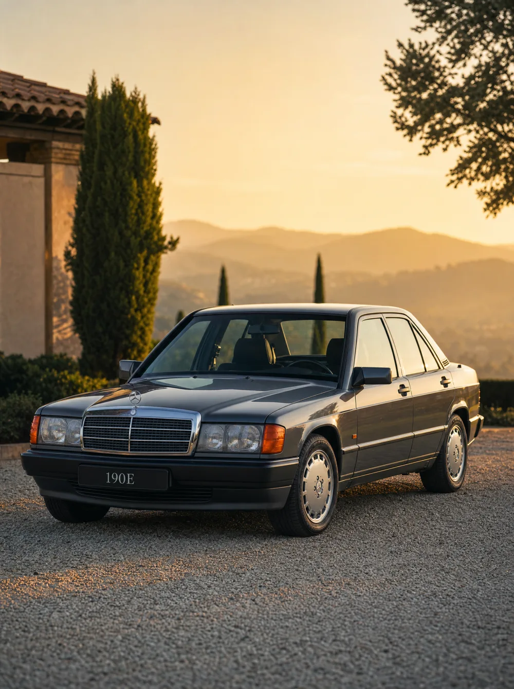 Klassieke Mercedes-Benz 190E sedan (W201) uit 1988 in antraciet grafietgrijs metallic, driekwart vooraanzicht in gouden ochtendlicht.