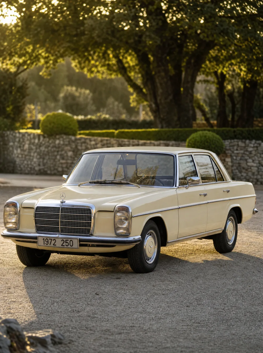 Klassieke Mercedes-Benz 250 sedan (/8, W114/W115) uit 1972 in crèmewit, driekwart vooraanzicht in gouden ochtendlicht.