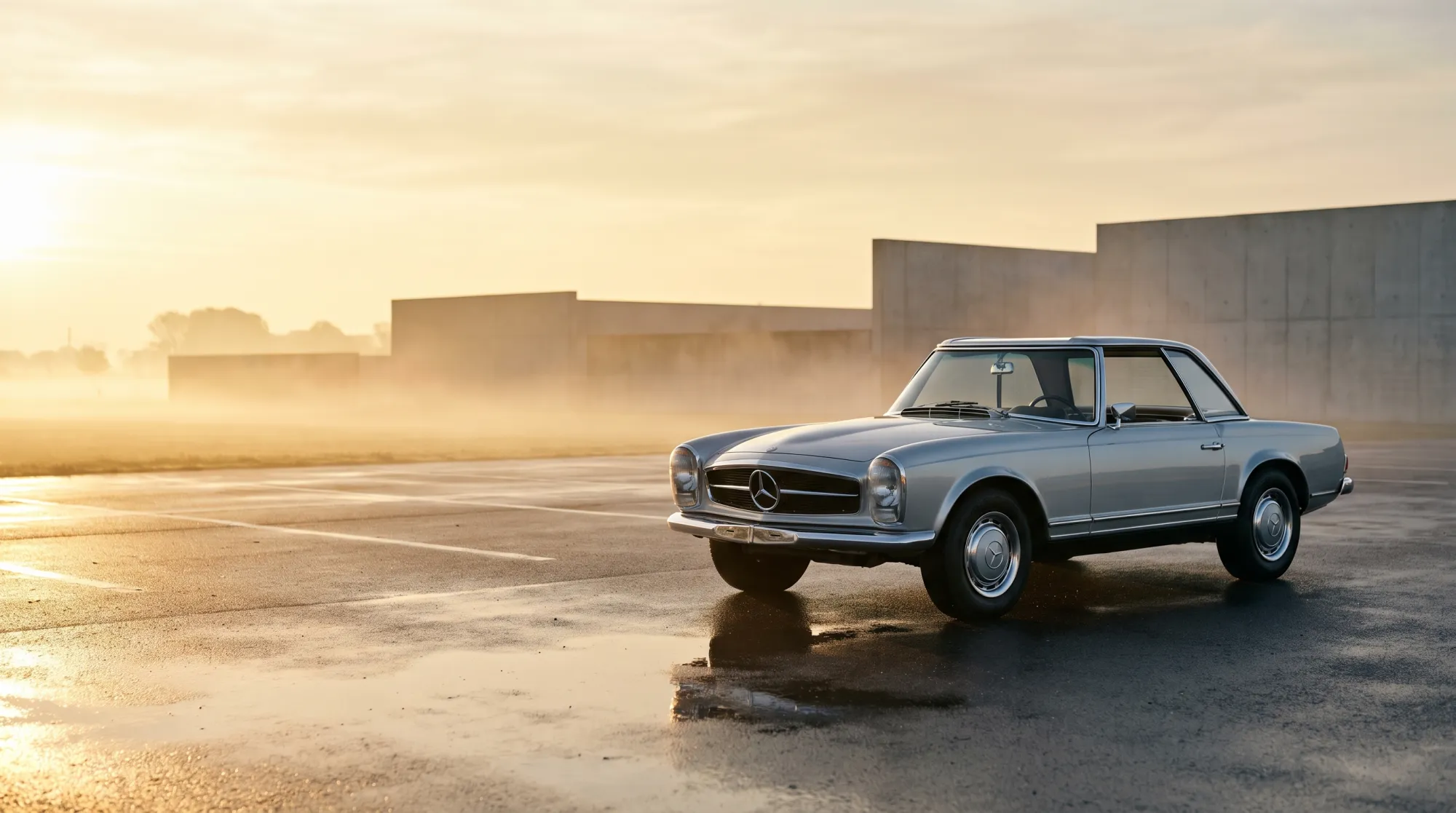 Klassieke Mercedes-Benz 280SL Pagode uit 1969 in zilver met pagode-hardtop, driekwart vooraanzicht in gouden ochtendlicht.