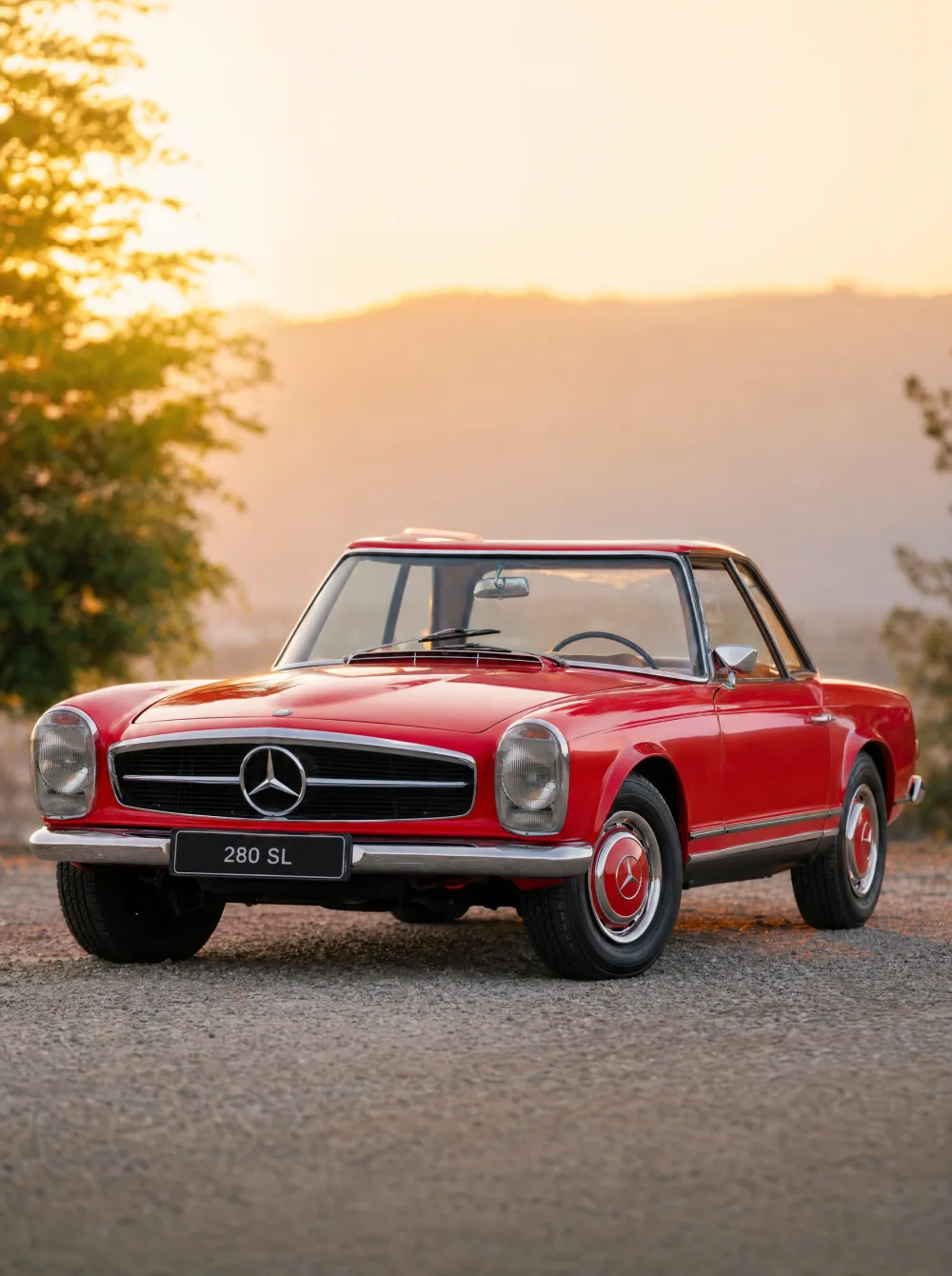 Klassieke Mercedes-Benz 280SL Pagode (W113) met pagode-hardtop uit 1969 in signaalrood, driekwart vooraanzicht in gouden ochtendlicht.