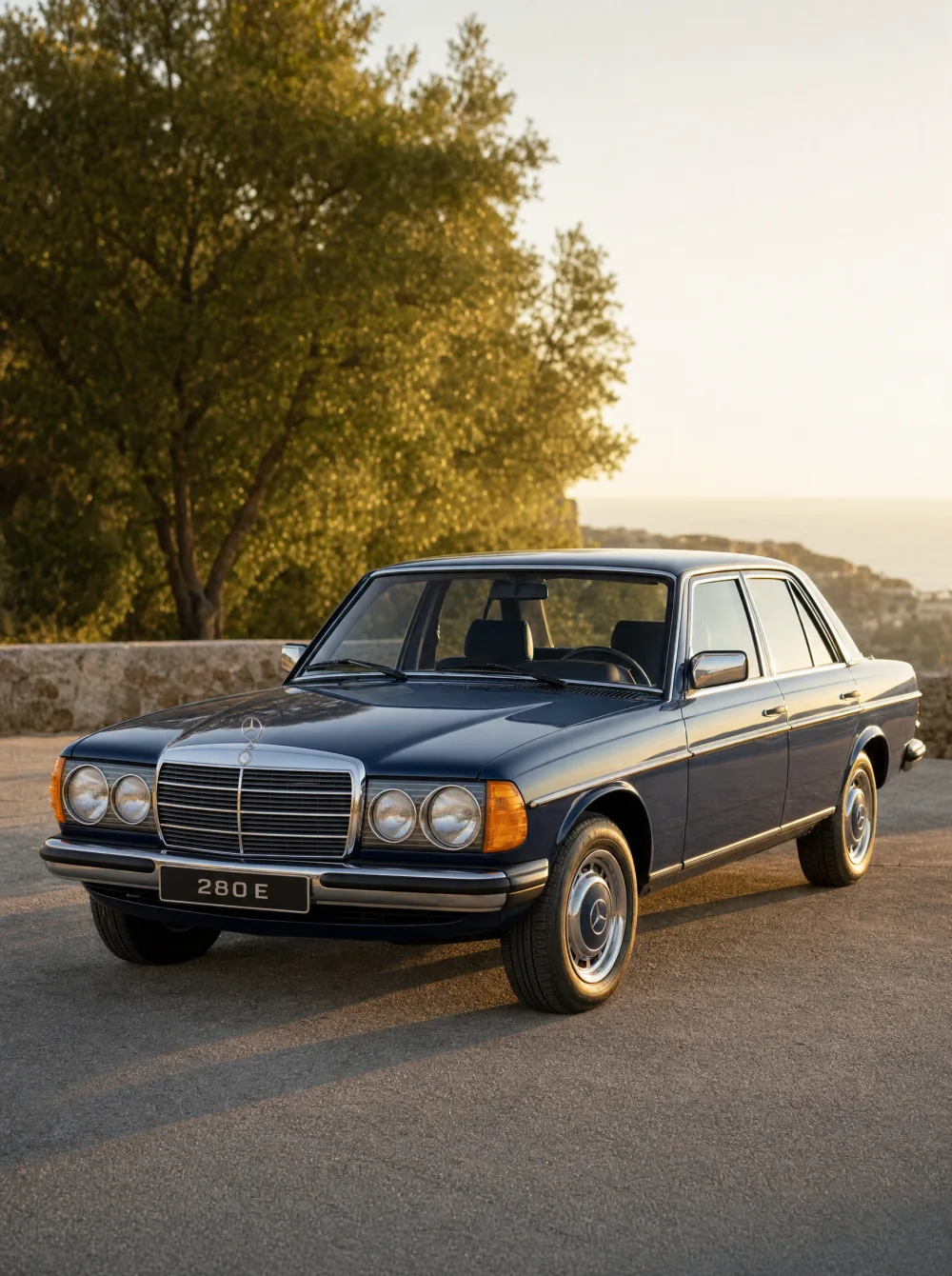 Klassieke Mercedes-Benz 280E sedan (W123) uit 1980 in donker middernachtblauw, driekwart vooraanzicht in gouden ochtendlicht.