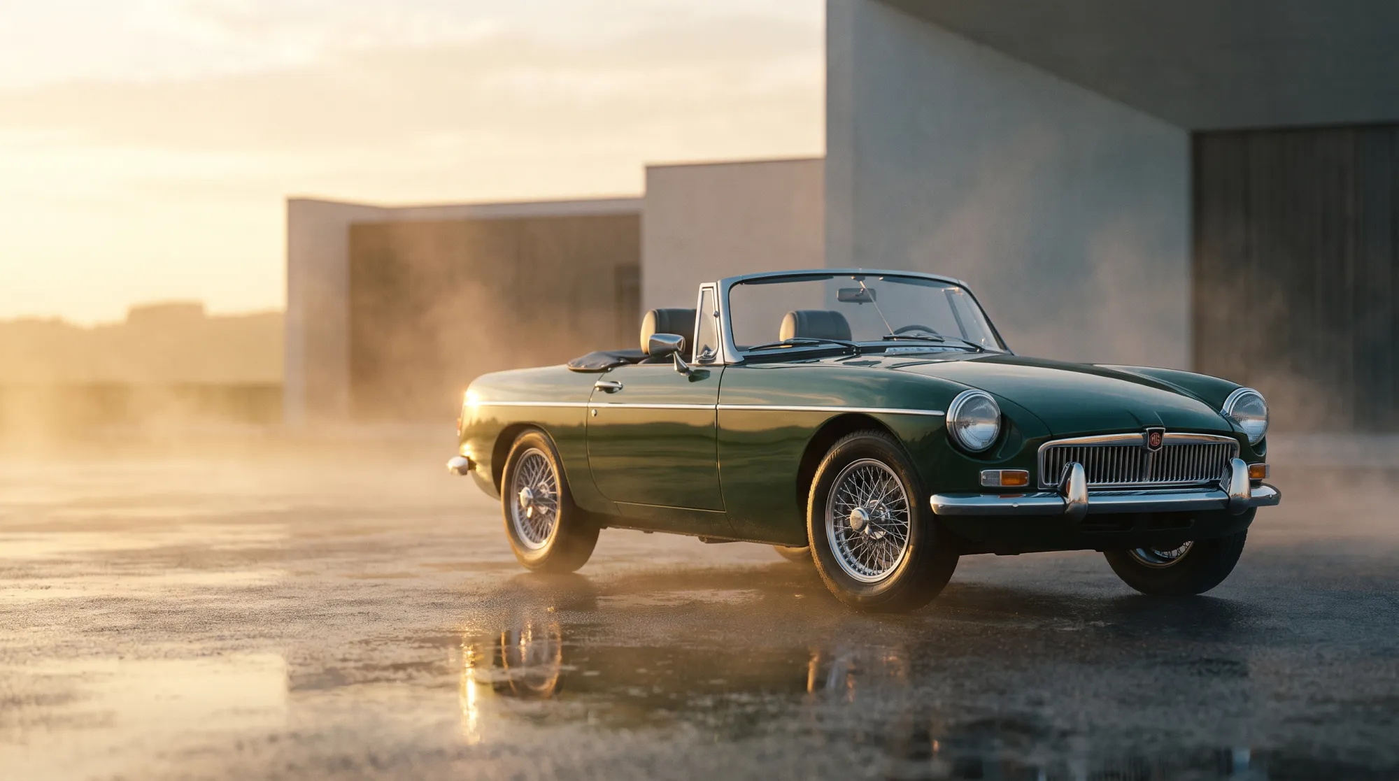 Klassieke MG MGB roadster uit 1965 in British Racing Green, driekwart vooraanzicht in gouden ochtendlicht.