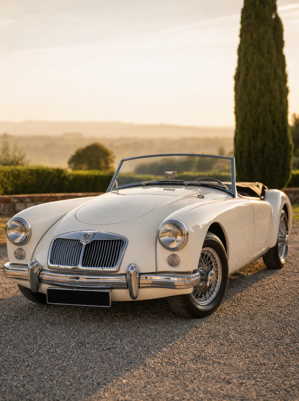 Klassieke MG MGA 1600 roadster uit 1959 in Old English White, driekwart vooraanzicht in gouden ochtendlicht.