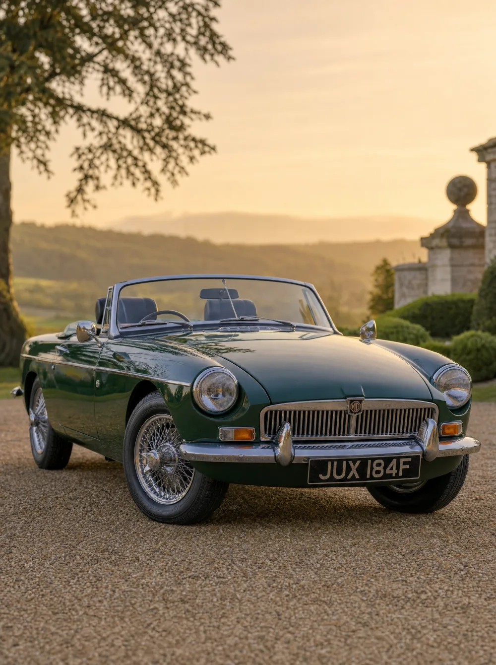 Klassieke MG MGB roadster uit 1968 in British Racing Green, driekwart vooraanzicht in gouden ochtendlicht.