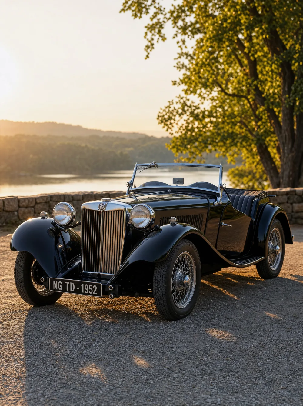 Klassieke MG TD roadster uit 1952 in zwart, driekwart vooraanzicht in gouden ochtendlicht.