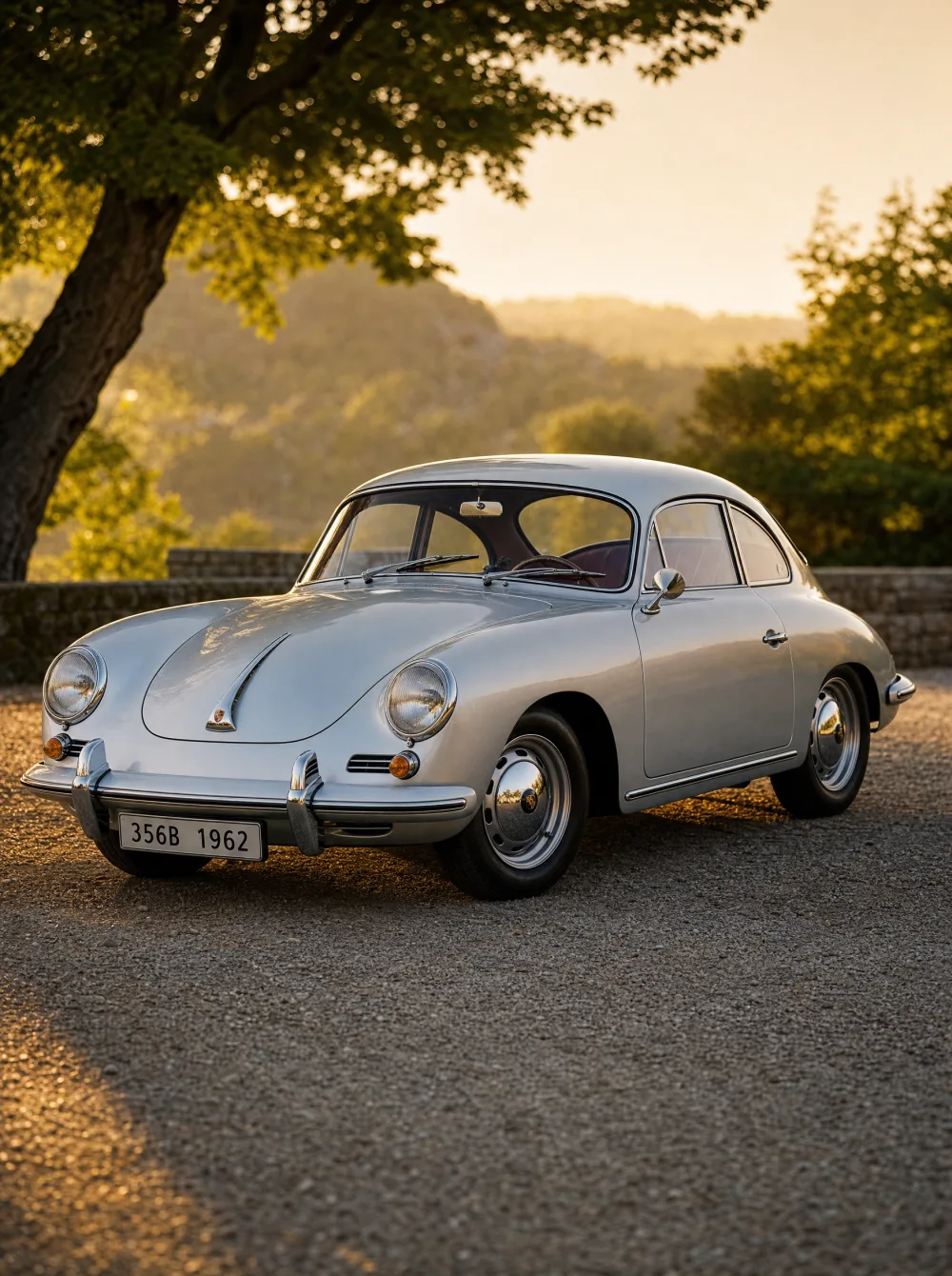 Klassieke Porsche 356B coupé uit 1962 in zilver metallic, driekwart vooraanzicht in gouden ochtendlicht.