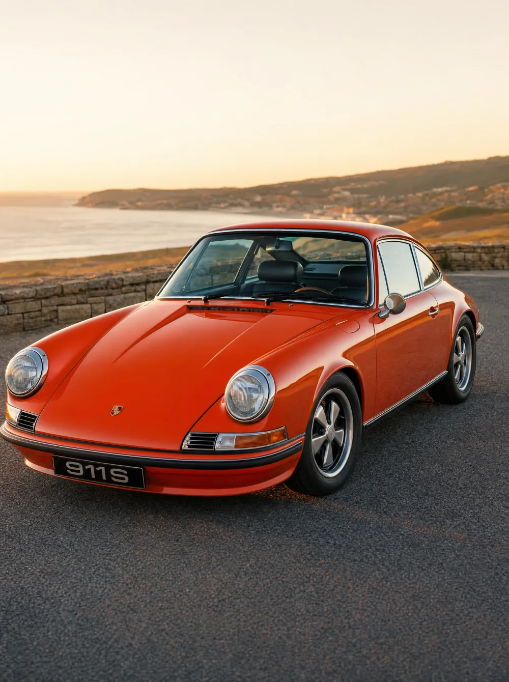 Klassieke luchtgekoelde Porsche 911S coupé uit 1972 in bloedoranje, driekwart vooraanzicht in gouden ochtendlicht.