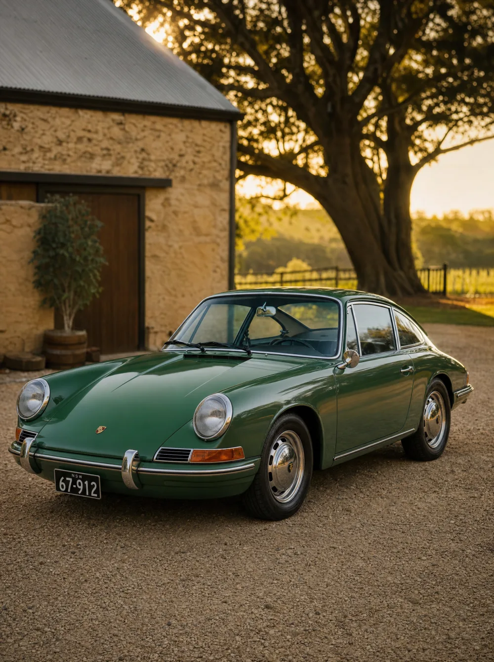 Klassieke Porsche 912 coupé uit 1967 in Iers groen, driekwart vooraanzicht in gouden ochtendlicht.