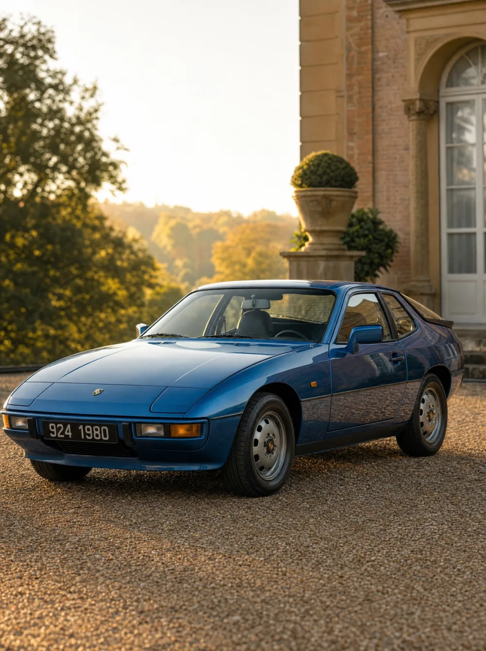 Klassieke Porsche 924 coupé uit 1980 in petrolblauw metallic, driekwart vooraanzicht in gouden ochtendlicht.