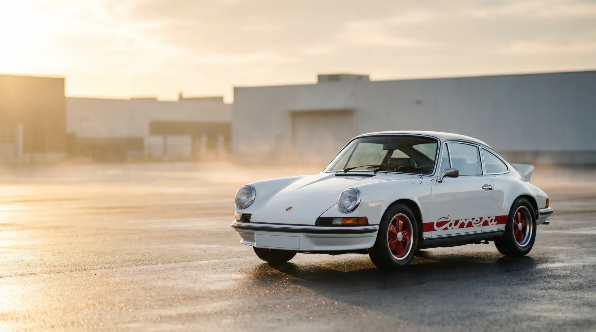 Klassieke Porsche 911 Carrera RS 2.7 uit 1973 in Grand Prix wit, driekwart vooraanzicht in gouden ochtendlicht.