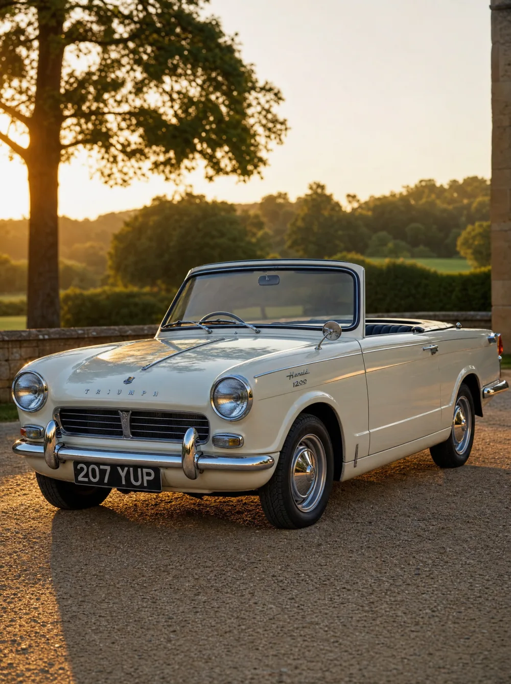 Klassieke Triumph Herald 1200 cabriolet uit 1962 in crèmewit, driekwart vooraanzicht in gouden ochtendlicht.
