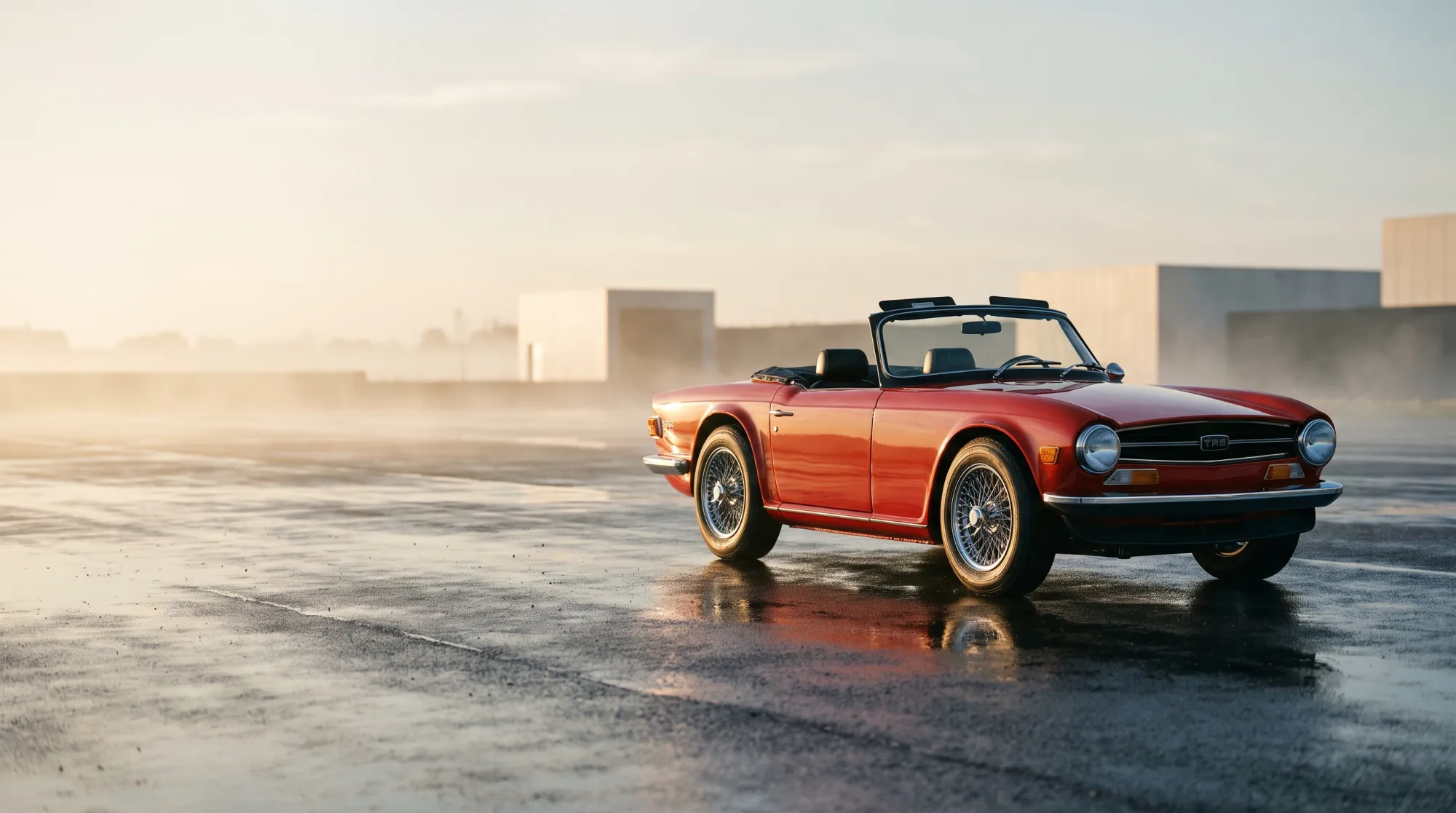 Klassieke Triumph TR6 roadster uit 1972 in signaalrood, driekwart vooraanzicht in gouden ochtendlicht.
