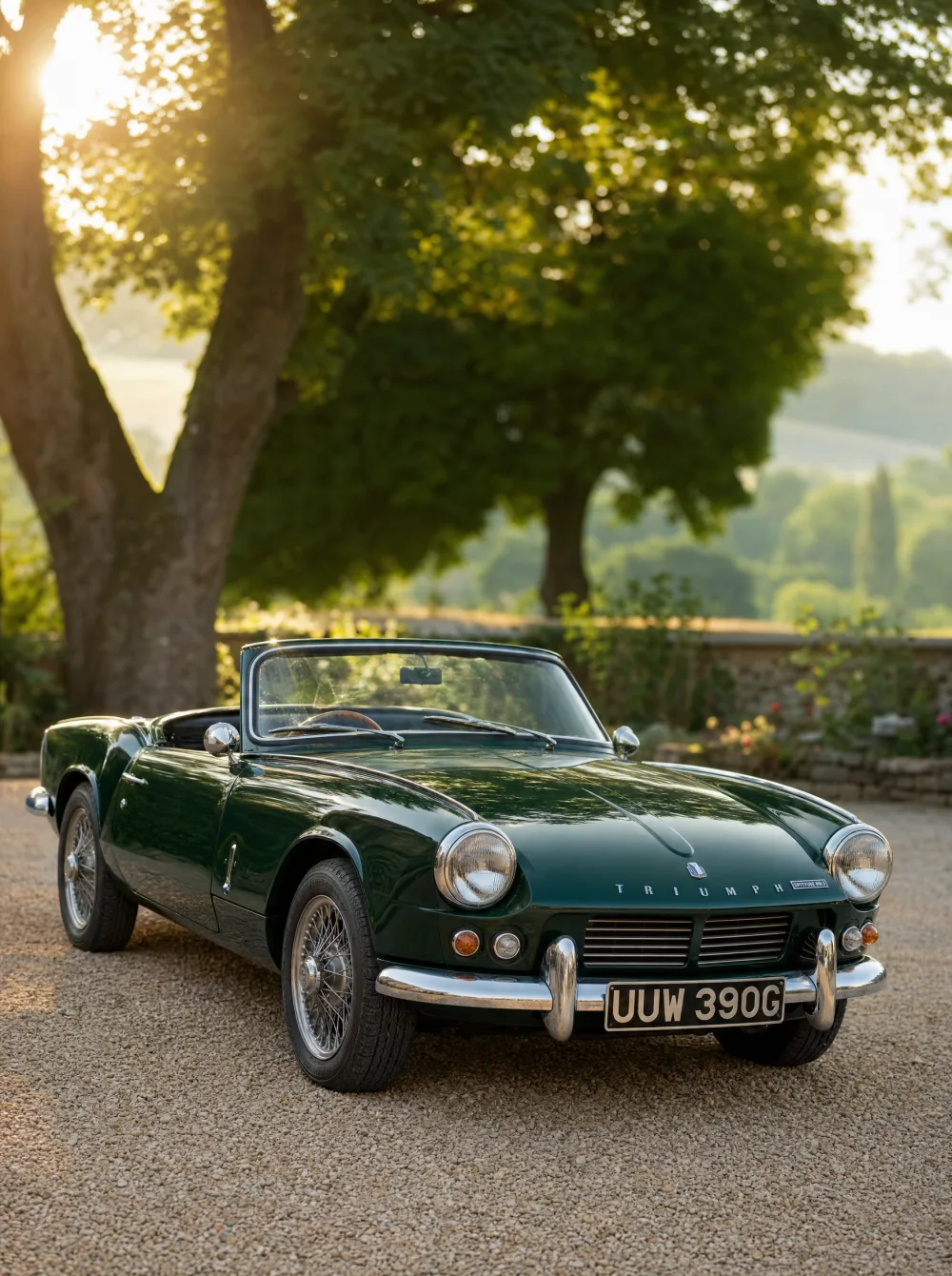 Klassieke Triumph Spitfire roadster uit 1969 in British Racing Green, driekwart vooraanzicht in gouden ochtendlicht.