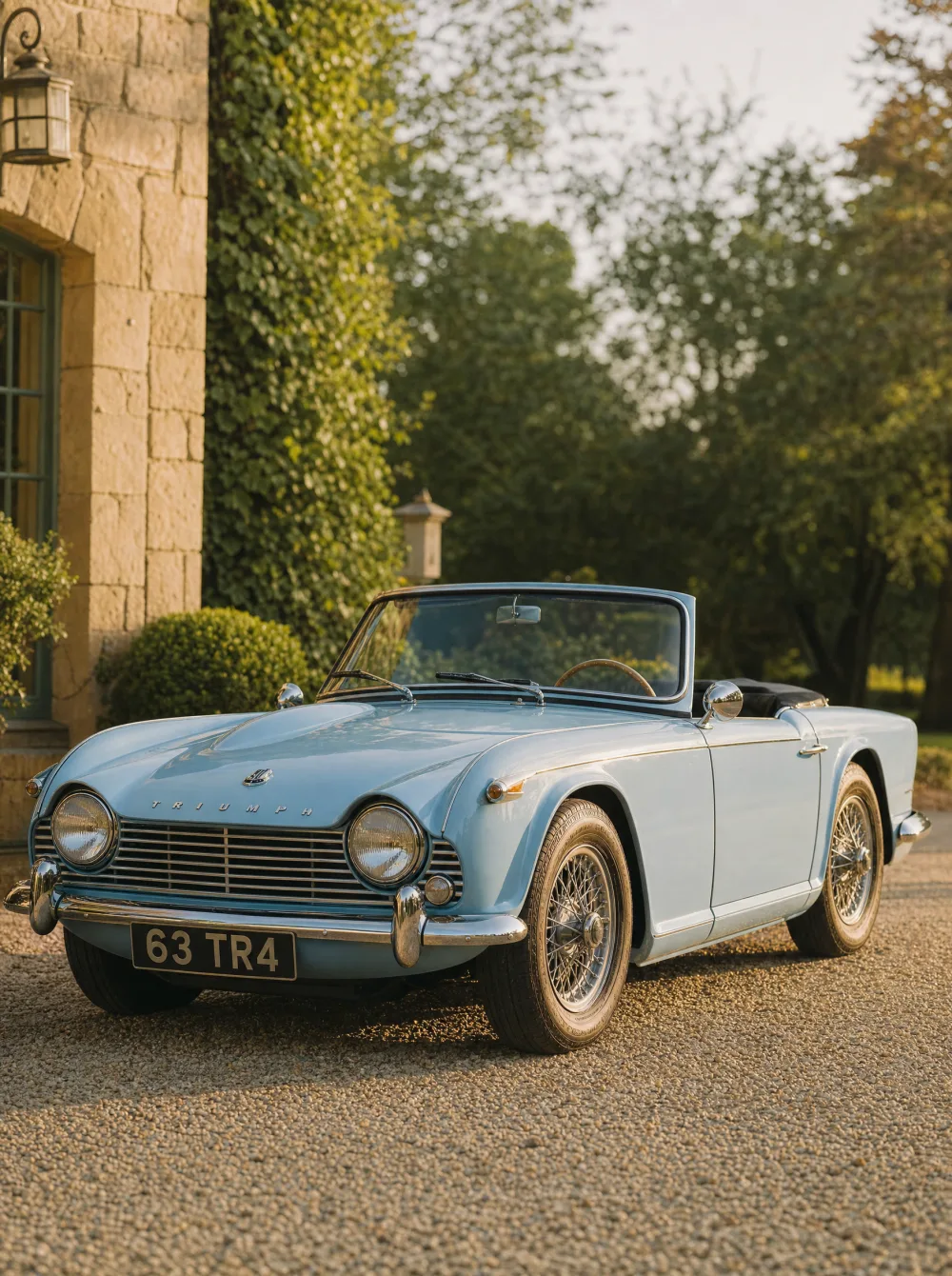 Klassieke Triumph TR4 roadster uit 1963 in poederblauw, driekwart vooraanzicht in gouden ochtendlicht.