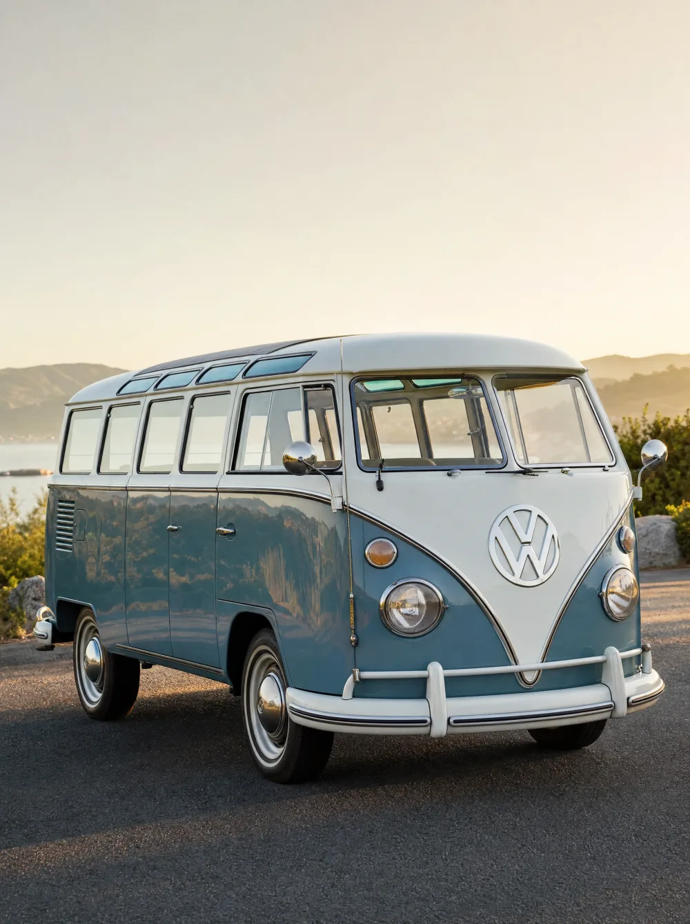 Klassieke Volkswagen Bus T1 (Samba) uit 1965 in tweekleurig duifblauw met wit, driekwart vooraanzicht in gouden ochtendlicht.