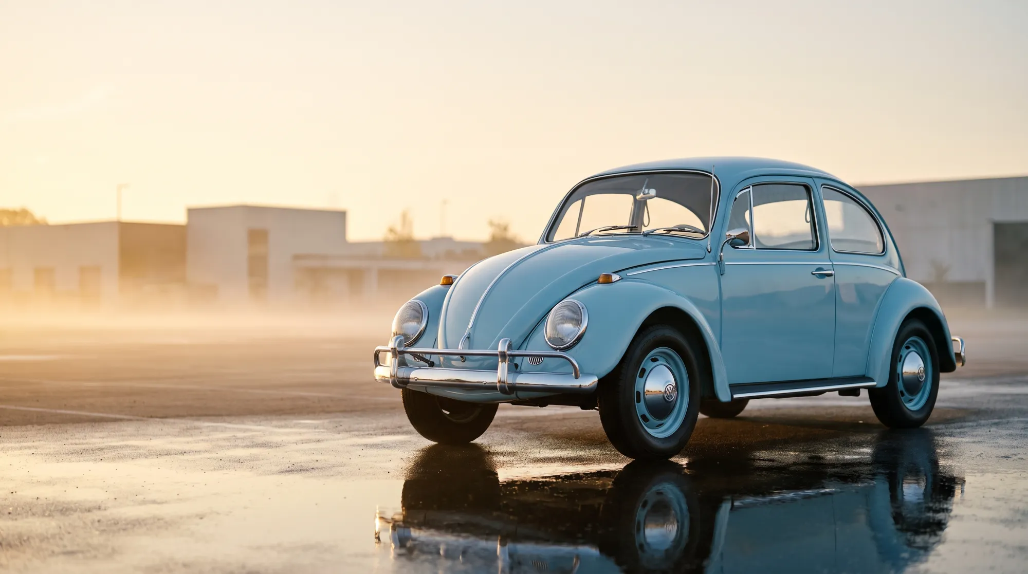 Klassieke Volkswagen Kever uit 1967 in pastelblauw, driekwart vooraanzicht in gouden ochtendlicht.